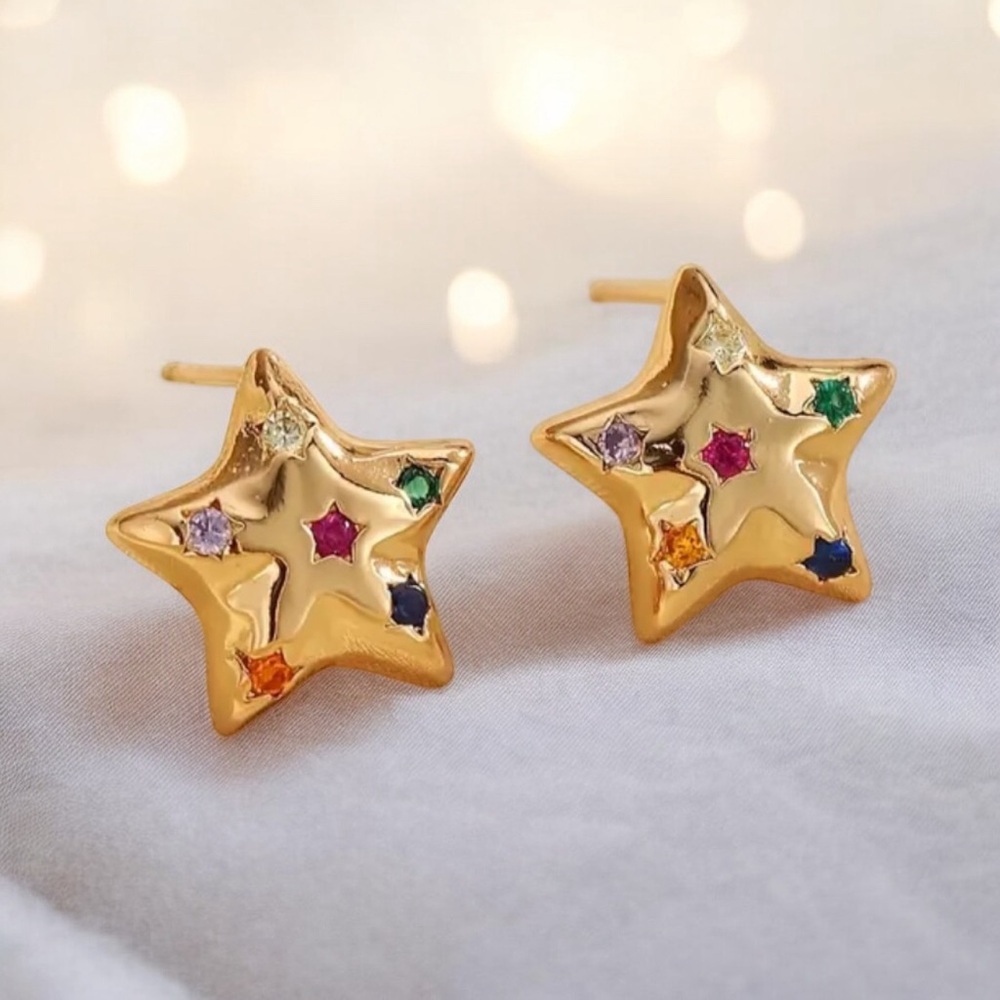 Multicoloured CZ Star stud 18k gold  plated earrings. New.